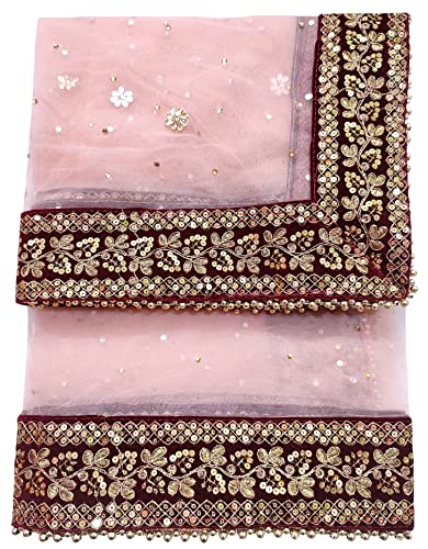 Navti Creations Women's Heavy Net Dupatta With Zari Embroidery Heavy Border (Stone work, 2.25m) (Peach- Maroon)