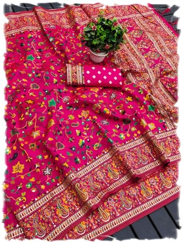 Panzora Woman's Dark Pink Kashmiri Pashmina Silk Saree with Unstitched Blouse Piece.