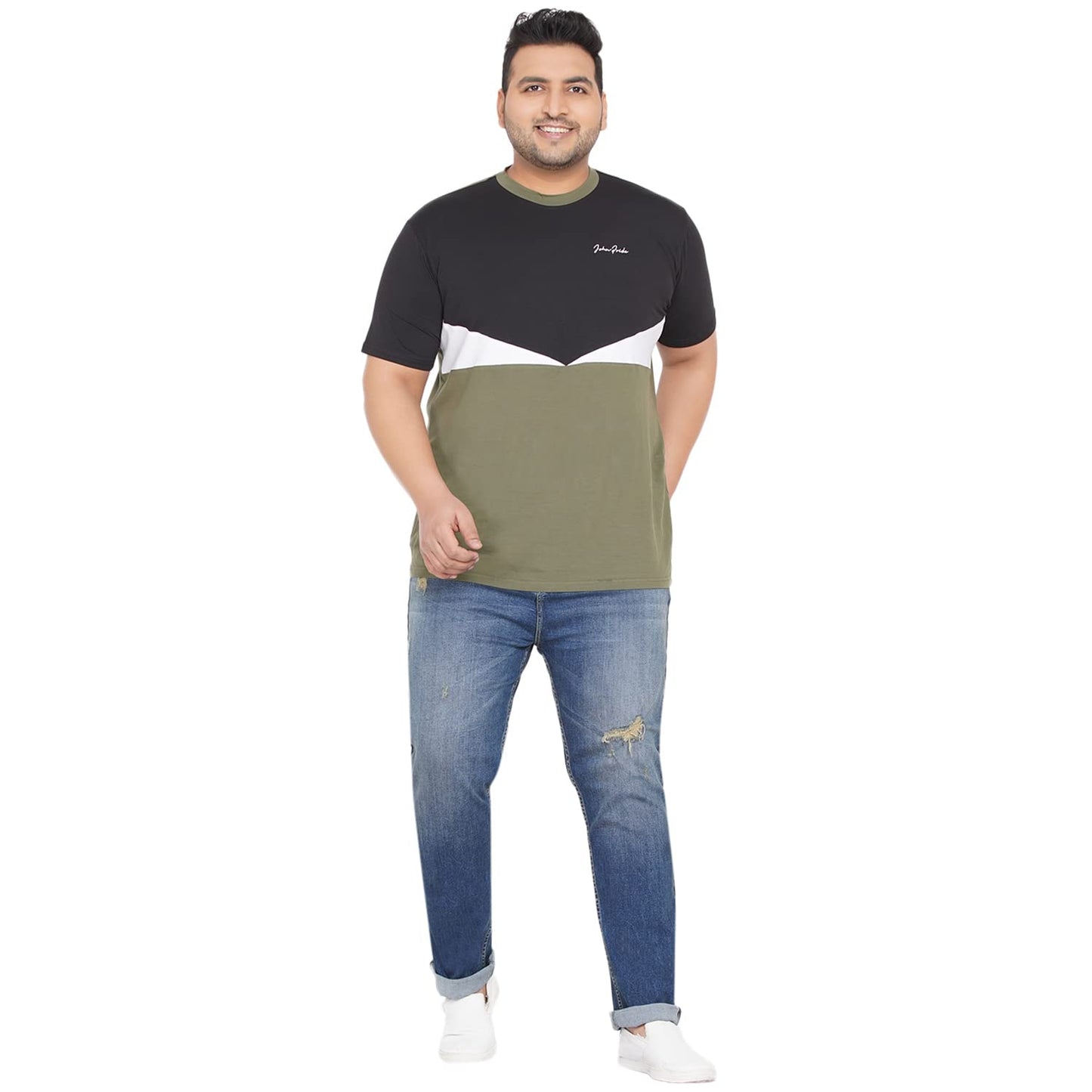 JOHN PRIDE Plus Size Men's Stretchable Mid-Rise Comfort Fit Ripped Blue Cotton Jeans for Men
