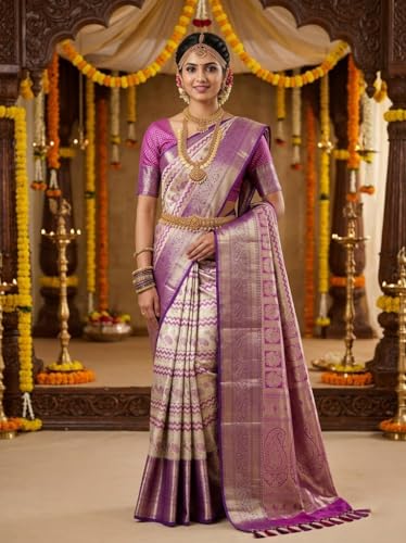 VFCollections Women's Traditional Handloom Kanchipuram Silk Pure Pattu Sarees – Instrumental Border | Rich Zari Woven Design | Bridal Saree | Unstitched Blouse (VFC691-4)