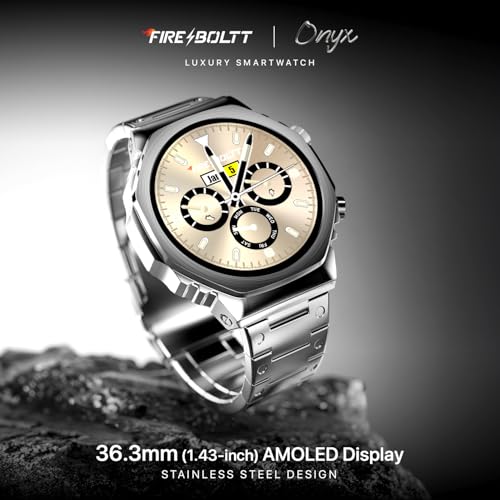 Fire-Boltt Onyx- 36.3mm AMOLED Always On Display Smart Watch, 466 * 466 High Resolution, Bluetooth Calling, Steel Design, IP67, 4GB Storage, 300+ Sports Modes, 130+ Watch Faces (Silver)