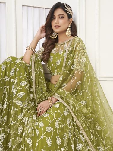 Zeel Clothing Women Embroidered Soft Net Semi-Stitched Lehenga Choli With Dupatta (2126-Olive-Green-Wedding-Stylish-Latest; Free Size)
