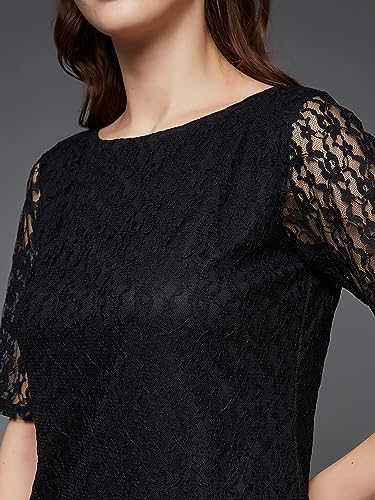 Miss Chase Women's Round Neck Half Sleeves Basic Lace Crop Top (MCAW25TP98-56-NOB-02, Obscura Black, XS)