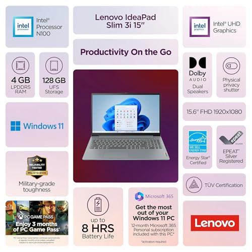 Lenovo IdeaPad Slim 3i 15.6" FHD Laptop • Microsoft Office 365 • Intel 4 Cores • DDR5 • 128GB SSD • Windows 11 • Quick Setup • Essential Laptop • w/o Mouse