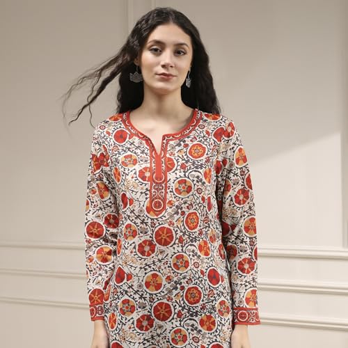 Biba Women Off White-Red Polyester Straight Printed Kurti_42