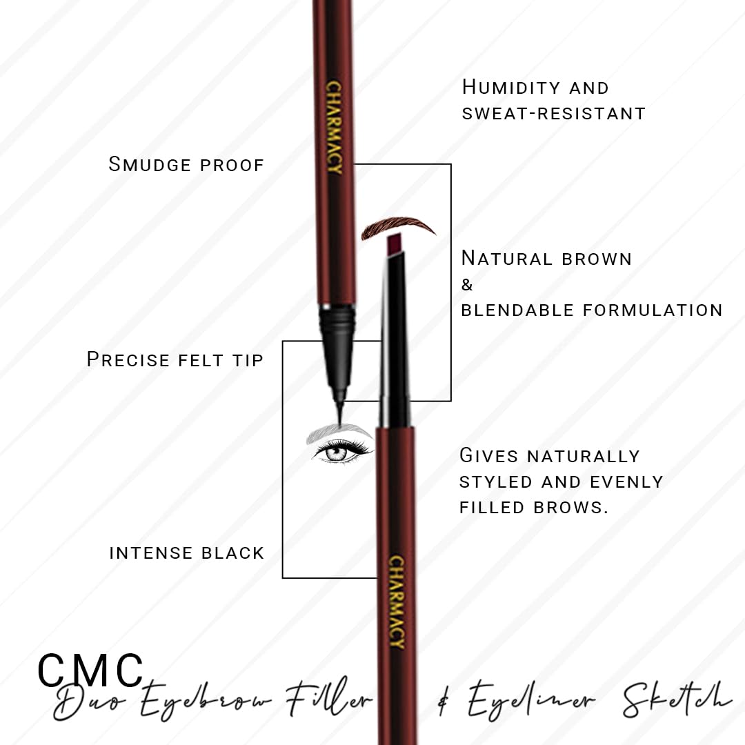 Charmacy Milano Eyeliner & Mascara Combo, CMC Duo Eyebrow Filler and Eyeliner Sketch (Dark Brunette) 0.6ml & CMC 360 Degree Volume Mascara Intense (Black) 8G, Waterproof, Smudge-proof