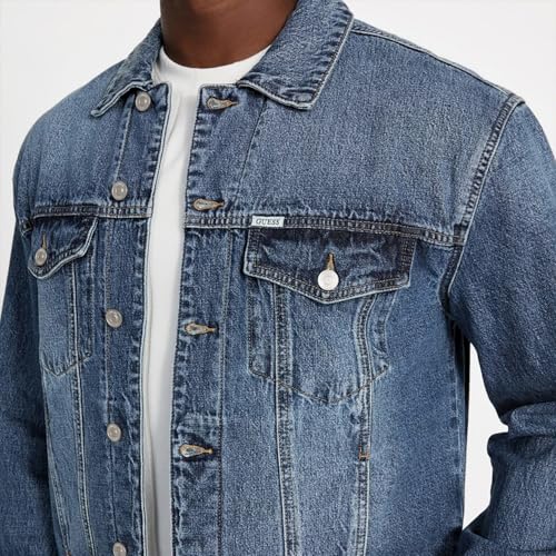 GUESS Men Washed Spread Collar Full Sleeves Denim Jacket