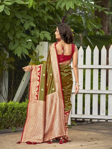 MANOHARI Women's Most Trendy Banarasi Satin Silk Woven Olive Green Animal Design Pattern Pattern Saree With Heavy Jacquard Work Saree With Blouse Piece_MN2037