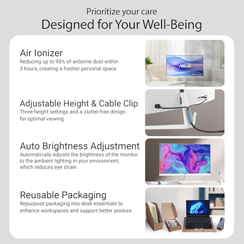 ASUS 27 inch 1080p Eye Care Monitor (VU279HFI-W) - Full HD, IPS, 100Hz, SmoothMotion, Adaptive Sync, Nano ion, Eye Care Plus, Blue Light Filter, Flicker-Free, Assembly