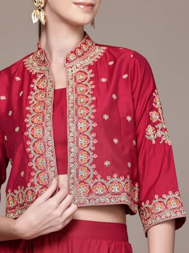 Aarke Ritu Kumar Wine Hiranmayi Festive Emb. Jacket With Bustier And Palazzo Co-Ord Set