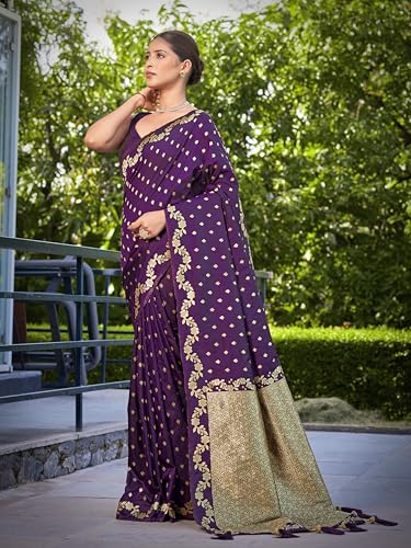 MANOHARI Women's Most Trendy Banarasi Satin Silk Woven Dark Purple Saree With Heavy Jacquard Work Saree With Blouse Piece_MN2061