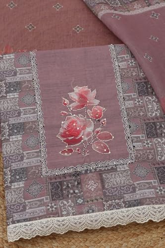 Soch Womens Onion Pink Linen Floral Printed Kantha Embroidered Dress Material With Sequin