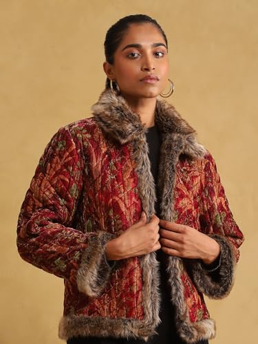 Ritu Kumar Wine Printed Silk Velvet Quilted Jacket