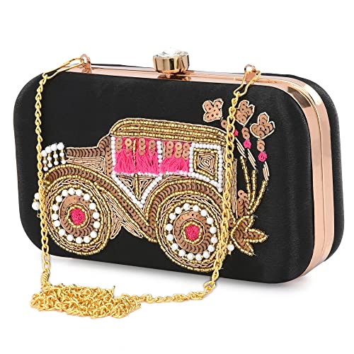 For The Beautiful You Black Embroidered Car Women's Clutch