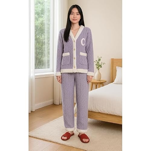 Cigain Women’s Super Soft Fleece Pajama Set – Warm Winter Loungewear Two-Piece Set (Plus Size, Purple, Medium)