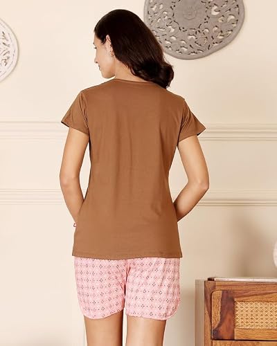 BODYCARE Women's Cotton Printed T-Shirt and Shorts Set | Soft & Breathable Nightwear | Short Sleeves | Loungewear Co-Ord Set | BSSS17021_100 Multicolour