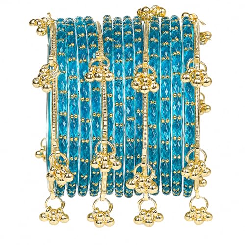 Nakabh Kashmiri Ghangharoo Glass Bangles Set for Women | Light Weight Bangles | Traditional Transparent Fancy Glass Chudi Set for Wedding, Party(Set Of 16) (Firozi, 2.4)