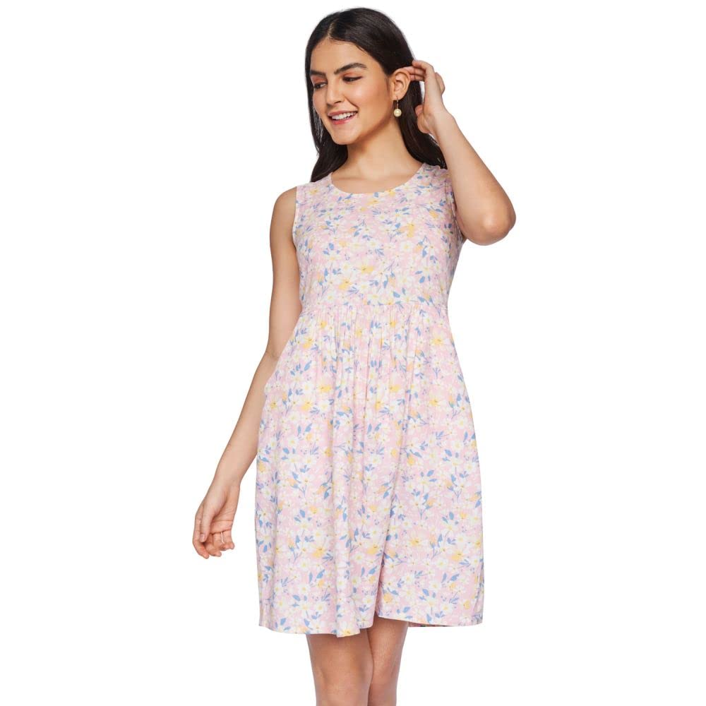 AND Women's Linen A-Line Mini Dress (SS22AG076DR23D_Pink_10)