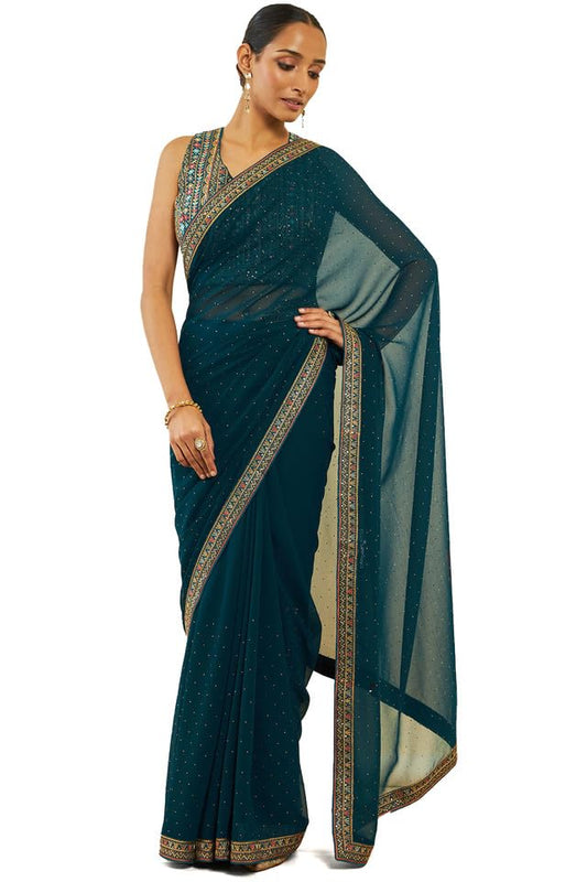 Soch Womens Turquoise Blue Georgette Saree With Stones And Embroidery
