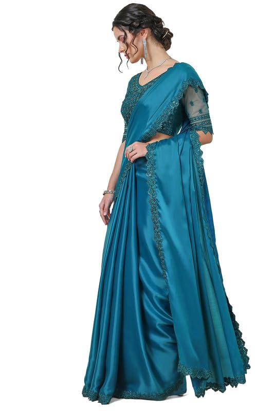 Soch Womens Teal Organza Saree with Sequin Lace Border