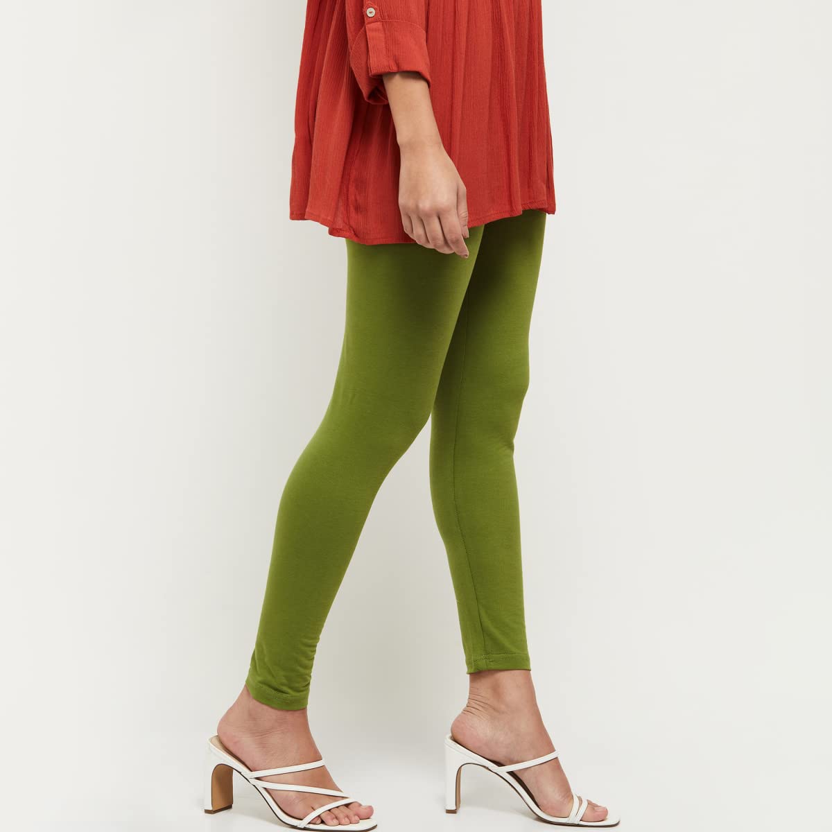 MAX Women Solid Leggings (NOOSAL21LG_Light Green_L) Slim