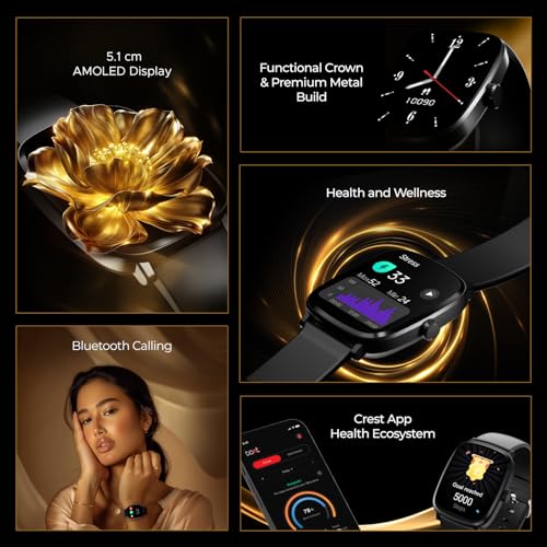 boAt Ultima Regal w/ 2.01”(5.10 cm) Crystal-Clear AMOLED Display, 1000 NITS Brightness,Premium Metal Body, Functional Crown, 100+ Sports Modes, Fitness Smart Watch for Men & Women (Active Black)
