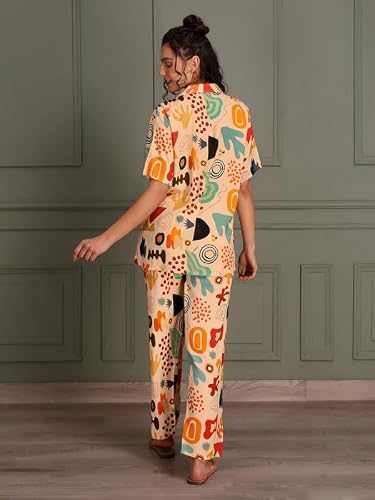 TITTLI Women Digital Printed Nightsuit | Shirt and Pyjama Co-Ord Set | Short Sleeve Sleepwear | Comfortable Nightwear with Pockets | Comfort in Travel | L | XL | XXL Cream