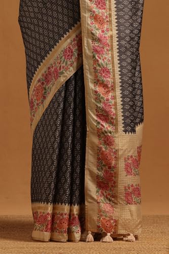 Soch Womens Charcoal Tussar Floral Saree With Zari Work