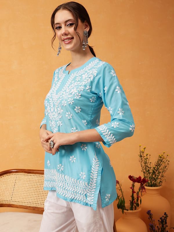 Ada Hand Embroidered Lucknowi Chikankari Muslin Straight Top Tunic Short Kurti for Women A911424 Blue (XS)