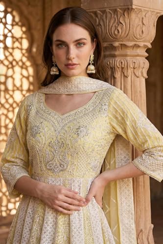 Aurelia Women's Powder Yellow Thread Embroidered Anarkali Kurta with Leggings and Dupatta Set - (AD10777-E609499-S)