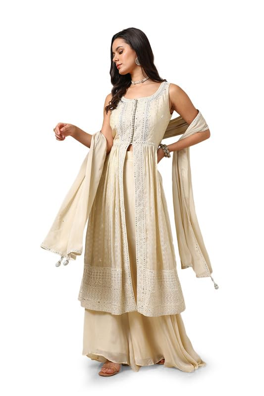 Soch Womens Off White Chinon Embroidered Suit Set With Sequins