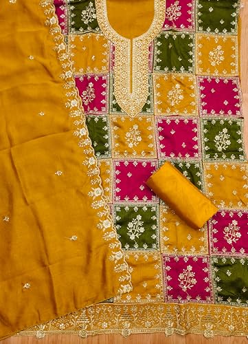 Leeli Peeri Designer Women's Vichitra Silk Embroidery Work Unstitched Salwar Suit Dress Material