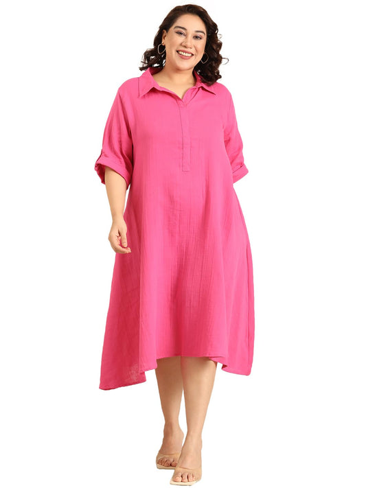 the PINK MOON Women's Plus Pink A-Line Shirt Dress (DRS CH PNKDC 2XL)