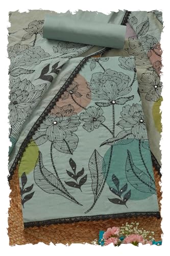 Soch Womens Turquoise Blue Mul Chanderi Floral Print Unstitch Dress Material With Beads