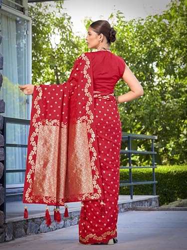 MANOHARI Women's Most Trendy Banarasi Satin Silk Woven Red Saree With Heavy Jacquard Work Saree With Blouse Piece_MN2063