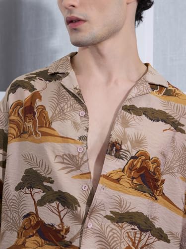 The Souled Store The Lion King: Kingdom Men and Boys Short Sleeves Collared Neck Button Front Brown All Over Printed Viscose Blend Regular Fit Holiday Shirts