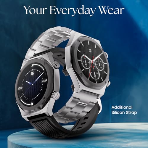 Titan Maestro 1.47" Zero Lag AMOLED Smart Watch for Man with SS316L Stainless Steel, BT Calling, 60Hz Refresh Rate, Health Tracking,10 Days Battery,Water & Dust Resistant, Extra Silicon Strap (Silver)