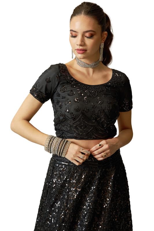 Soch Womens Black Net All-Over Sequin Embellished Unstitched Lehenga Set with Belt