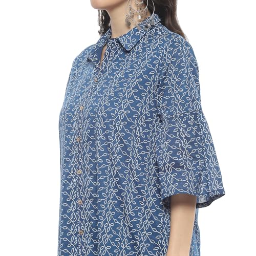 Rangriti Women Cotton Printed Tiered Dress Ankle Length Casual CASUALDRESSES19112SS24IND_Blue