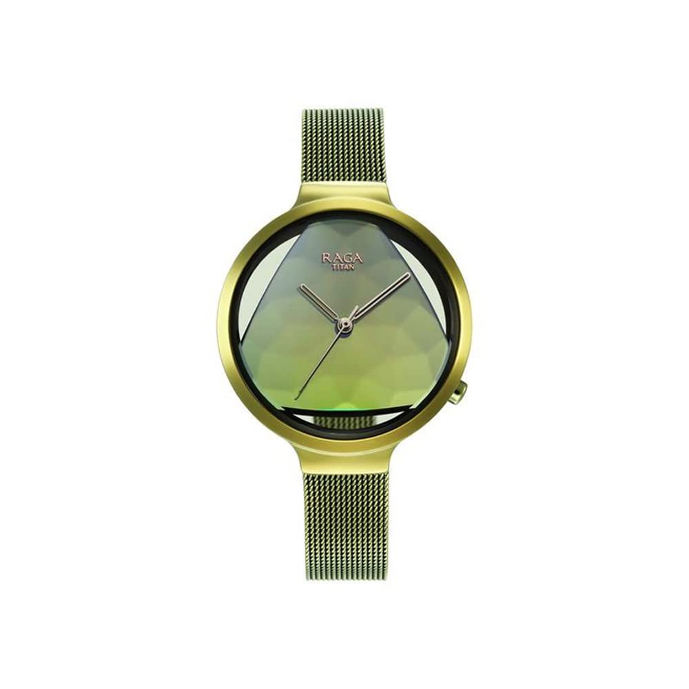 Titan Raga Moments of Joy Quartz Analog Green Dial Metallic Green Stainless Steel Strap Watch for Women - NT95134QM01