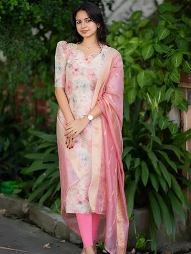 24 Carat Suit Women's Chanderi Stitched Printed Kurta Dupatta Set (2CKD4_Cream_M)