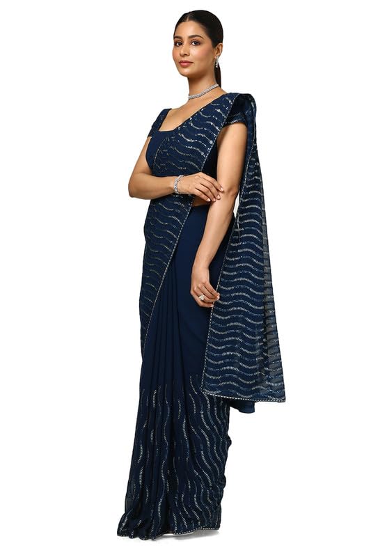 Soch Womens Blue Sequin Embellished Georgette Saree