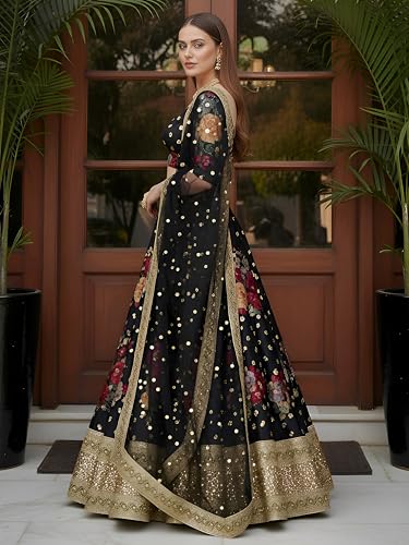 Zeel Clothing Women's Floral Print, Zari and Sequins Embroidered Work Banglori Silk Semi-Stitched Lehenga Choli With Dupatta (7508-Black-Wedding-Lehenga-Choli, Free size) (Black)