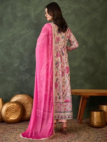 VARNI FABRIC Cotton Lining Kurta Set for Women | 3/4 Sleeves Floral Printed Woman Salwar Suit with Pant & Dupatta | Festive Wedding Ethnic Wear | Prefect for Office Summer | Cream | L