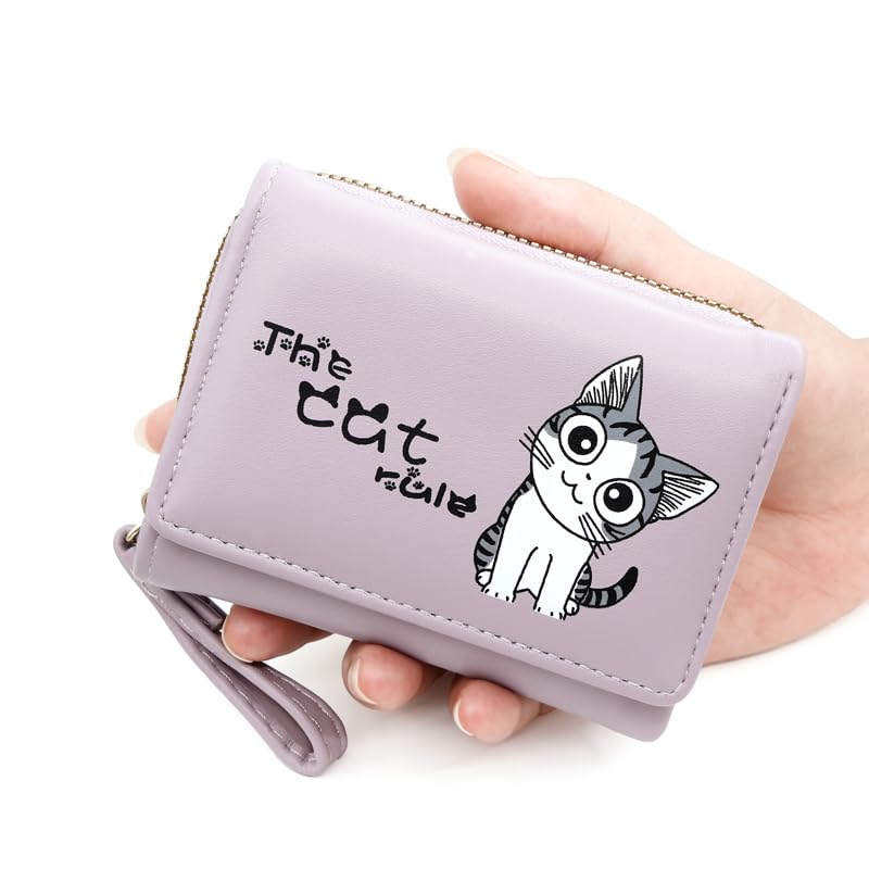 Alexvyan Purple Cat Small Tri-Fold Women's Purse Wallet Card Organizer Female Hand Purse Clutch Women/Ladies/Girls Wallets 5 Card Holder 1 Long & 2 Small Pocket -1 Zipper Pocket