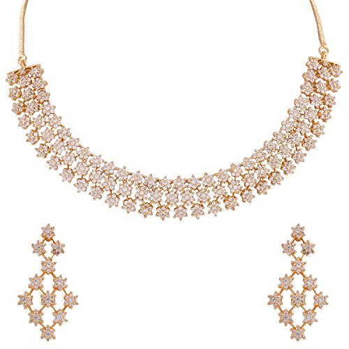 Ratnavali Jewels American Diamond White Necklace Pendant Set with Earrings for Women