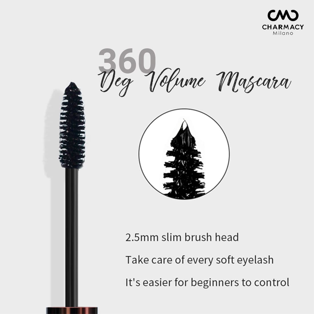 Charmacy Milano 360 Degree Volume Smudge Proof, Water Resistant Mascara, Black, 8 G
