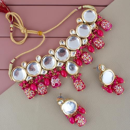 Lucky Jewellery 18K Gold-Plated Back Meenakari Kundan Choker Necklace with Earrings | Elegant Magenta Color Necklace Jewelry Set for Women & Girls (1565-J5SK-1630-R)