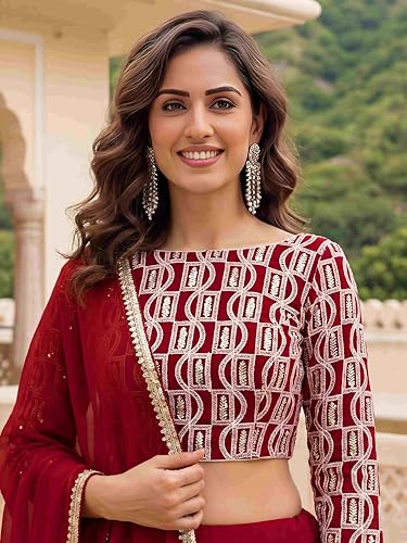 Zeel Clothing Women's Chikankari Sequins Embroidered Georgette Lehenga Choli with Dupatta (5050-Red-Women-New-Lehenga-Choli; Free Size)