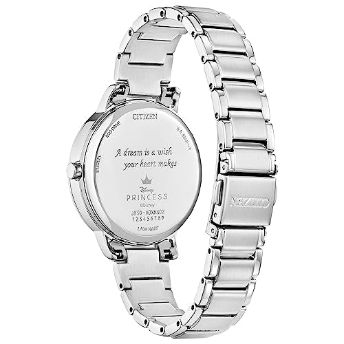 Citizen Women's Eco-Drive Disney Princess Cinderella Crystal Watch and Pin Gift Set in Silver Stainless Steel Watch, Blue Dial (Model: FE7041-51W), Silver, 5 1/2 inches, Modern